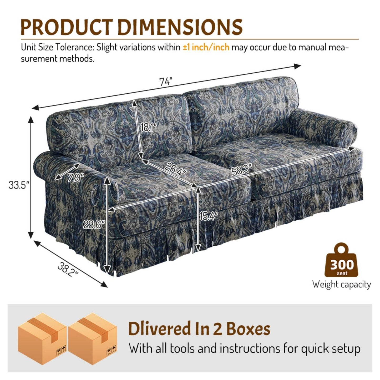Luxuriously Comfortable Cloud Couch Sofa With Elegant Rolled Arms & Pleated Skirt Design Home Essentials