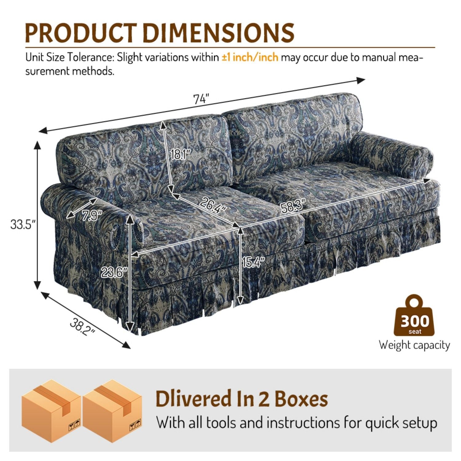 Luxuriously Comfortable Cloud Couch Sofa With Elegant Rolled Arms & Pleated Skirt Design Home Essentials