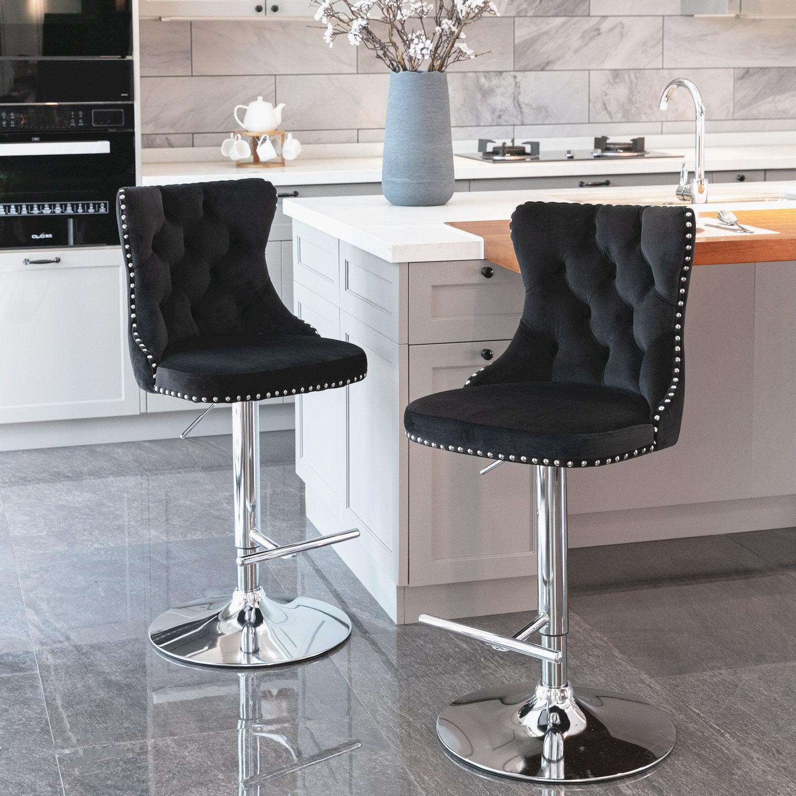 Swivel Velvet Barstools Adjusatble Seat Height From 25-33", Modern Upholstered Chrome Base Bar Stools With Backs Comfortable Tufted For Home Pub And Kitchen Island (Set of 2) Home Essentials