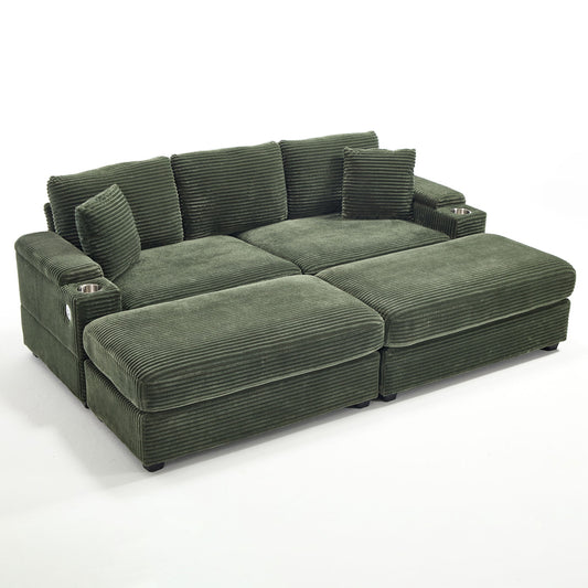 Convertible Sectional Sofa Bed Set With Armrest Storage, Cup Holder, USB, 4 Seater - Green Home Essentials