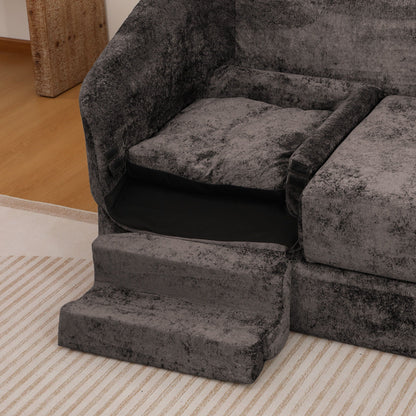 3 Seater Sofa With Built In Pet Bed Nook, Curved Design And 2 Throw Pillows Home Essentials