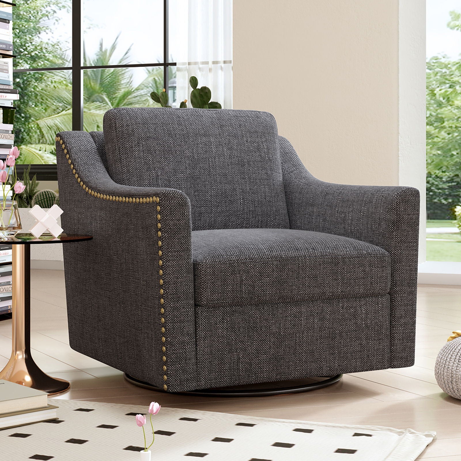 360 Degree Swivel Armchair, Skin Friendly Fabric, Ergonomic Design, Brass Nail Decorative Armchair Home Essentials