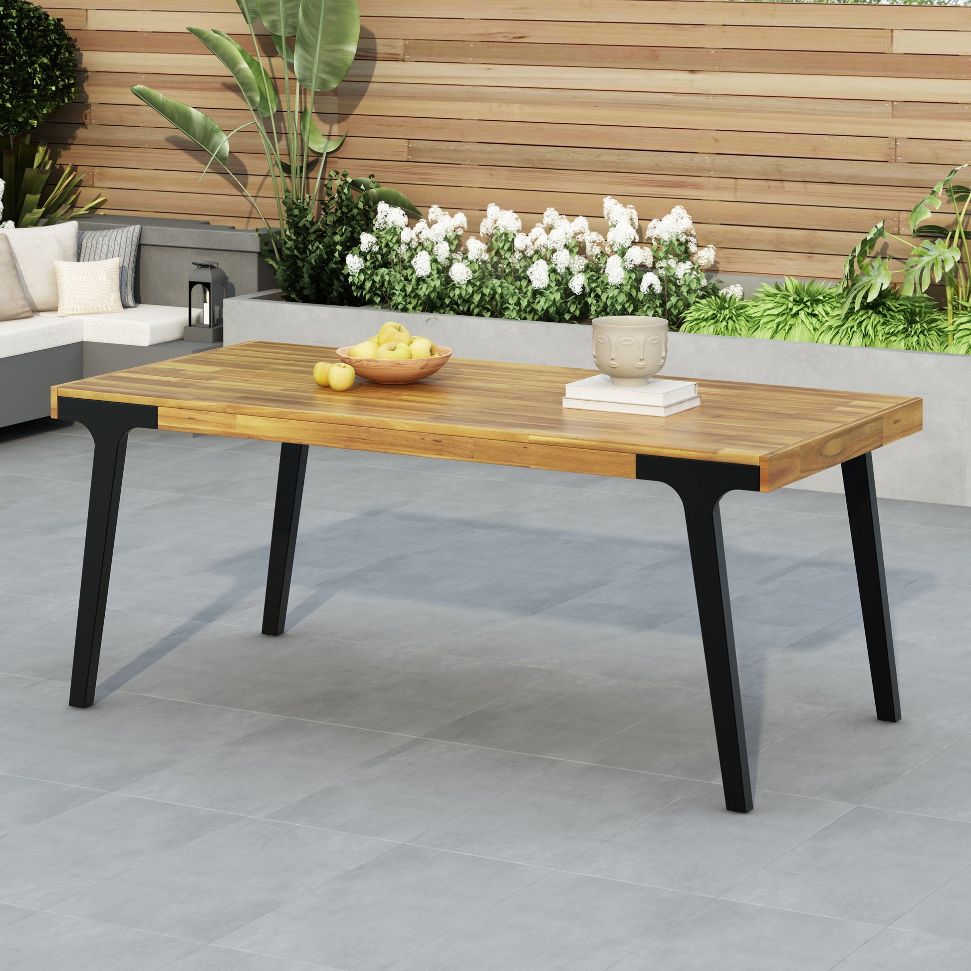 Acacia Wood Patio Dining Table, 69"L Rectangle Outdoor Table - Teak / Black Noble House