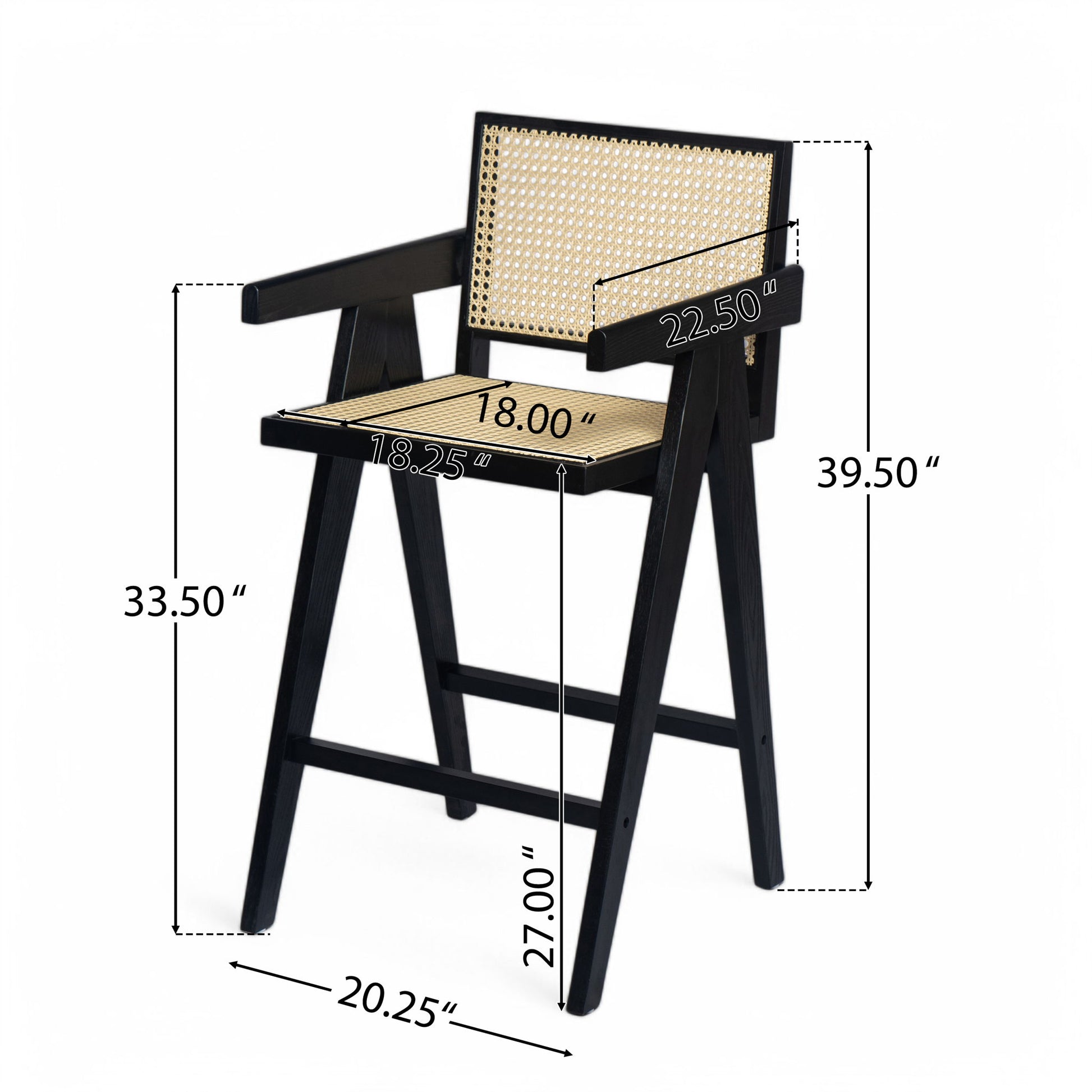 Modern Minimalist Bar Stool With Cane Seat - Black / Natural Noble House