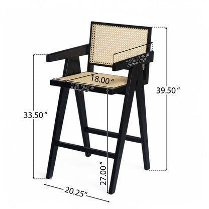 Modern Minimalist Bar Stool With Cane Seat - Black / Natural Noble House