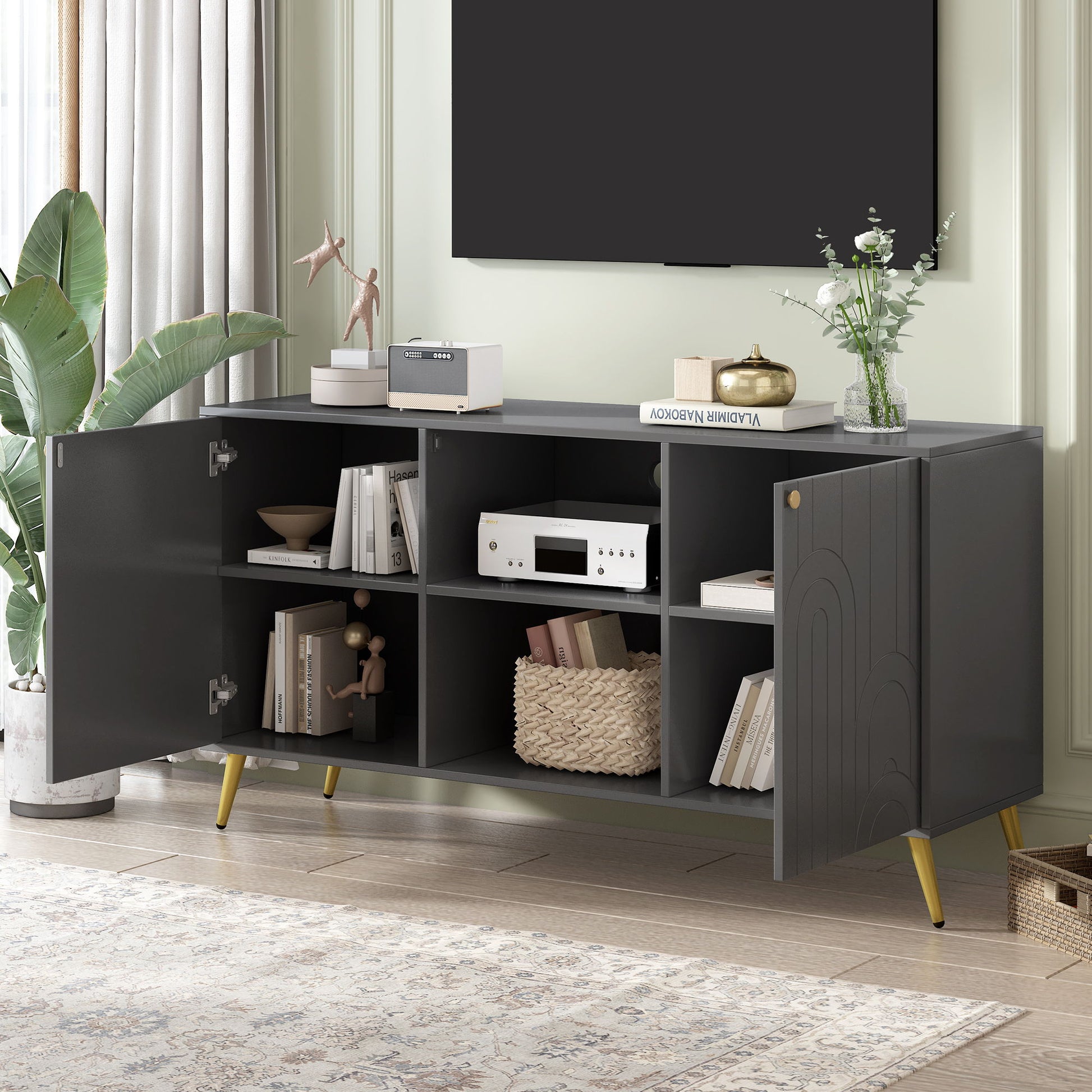 Modern TV Stand With Adjustable Shelf, Handles And Anti-Tip Device Hearth and Haven