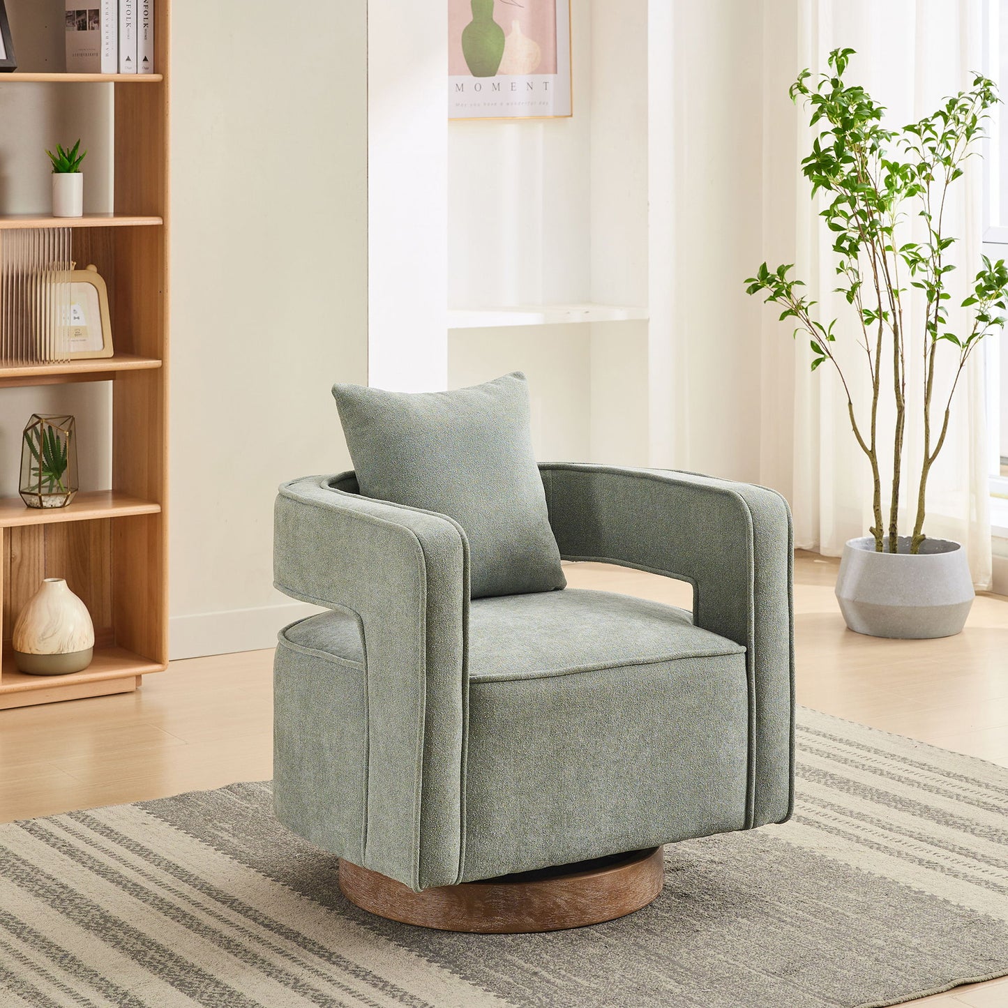 Swivel Accent Open Back Barrel Chair With Weathered Base Home Essentials