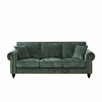 3 Seater Sofa With Tufted Upholstery, Rolled Arms, Nailhead Trim Home Essentials
