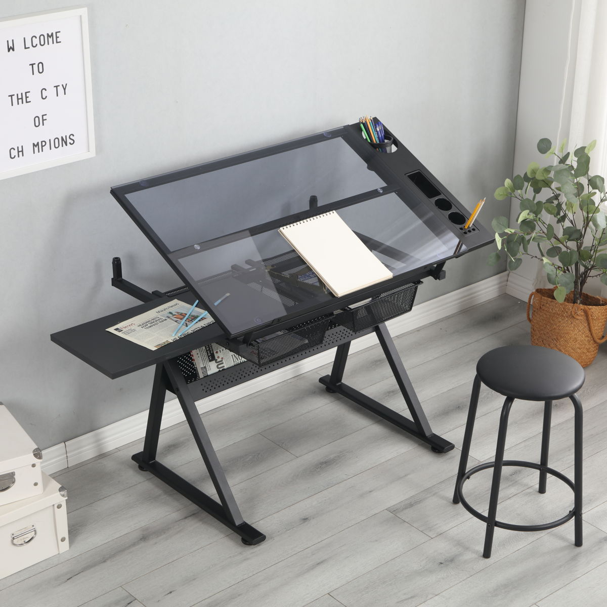 Adjustable Tempered Glass Drafting Printing Table - Black