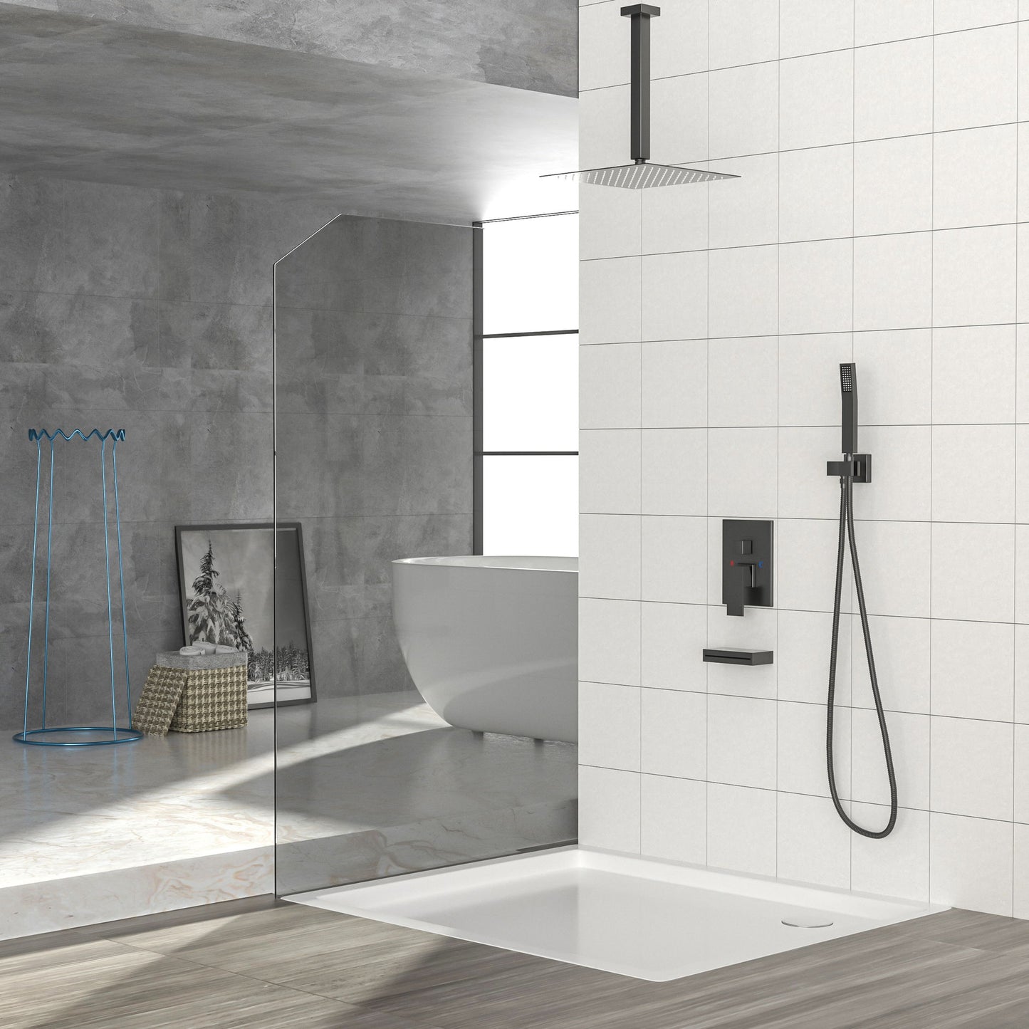12" Ceiling Mount Shower System With Waterfall Tub Spout And Rough In Valve - Matte Black Daily Nest