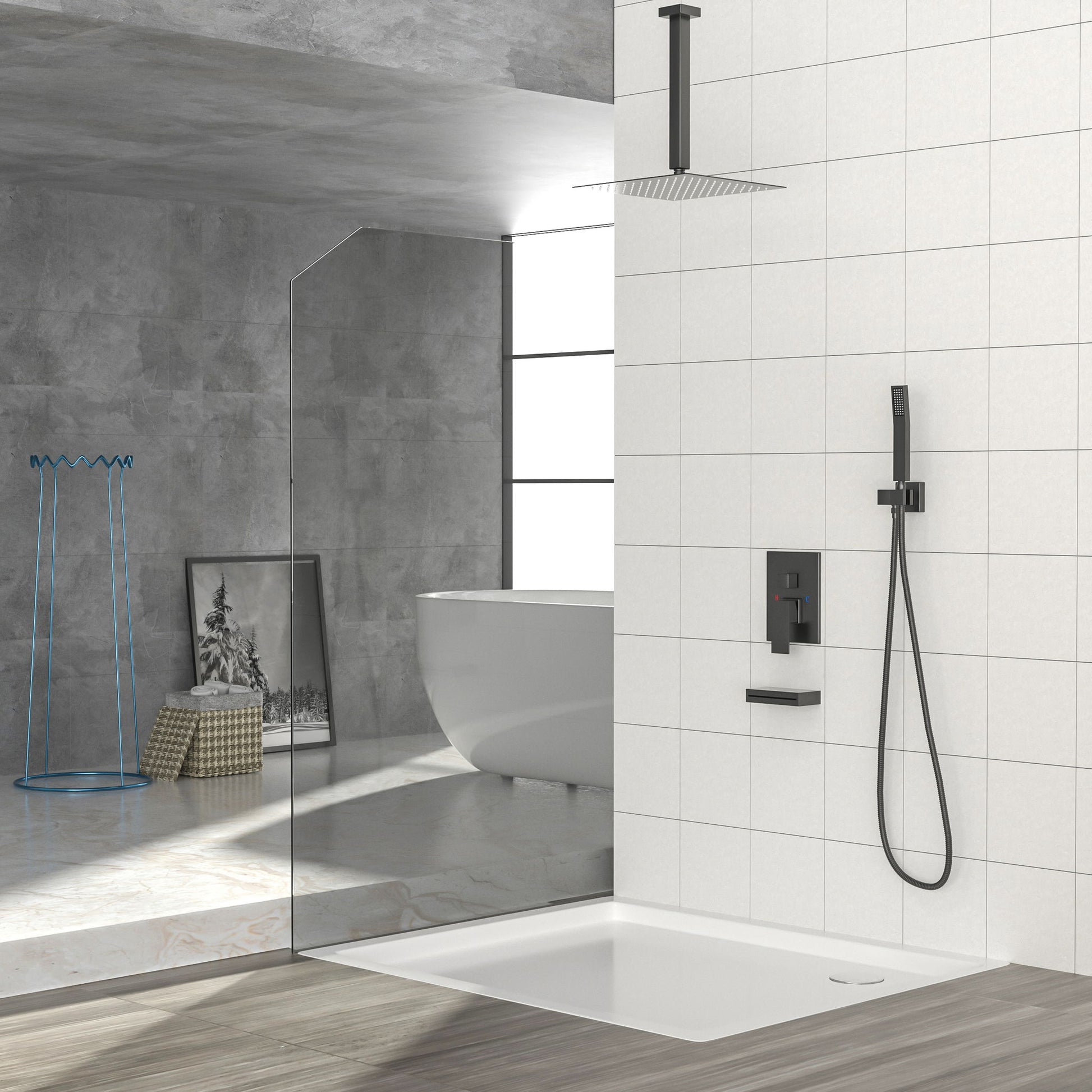 12" Ceiling Mount Shower System With Waterfall Tub Spout And Rough In Valve - Matte Black Daily Nest