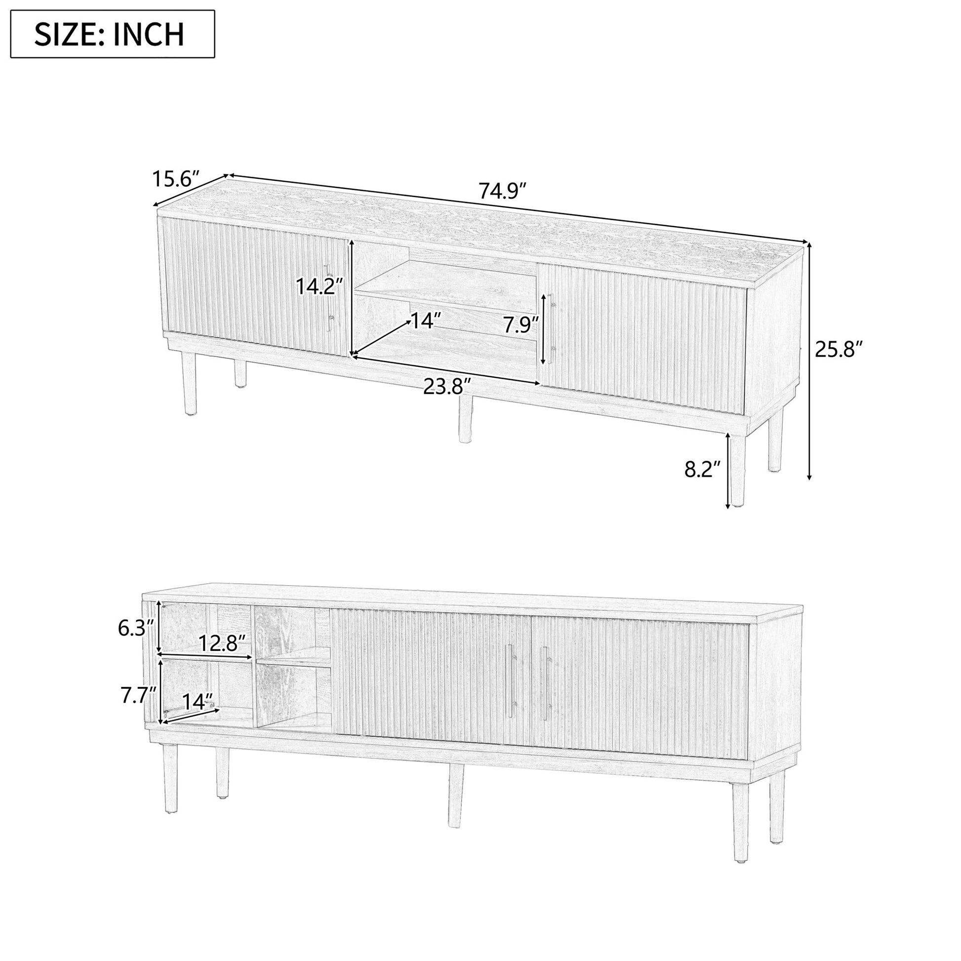 TV Stand With Vertical Slatted Doors And Sliding Panels, Solid Wood Legs - Brown Noble House