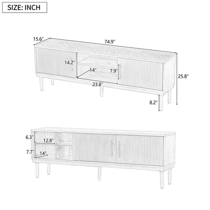 TV Stand With Vertical Slatted Doors And Sliding Panels, Solid Wood Legs - Brown Noble House
