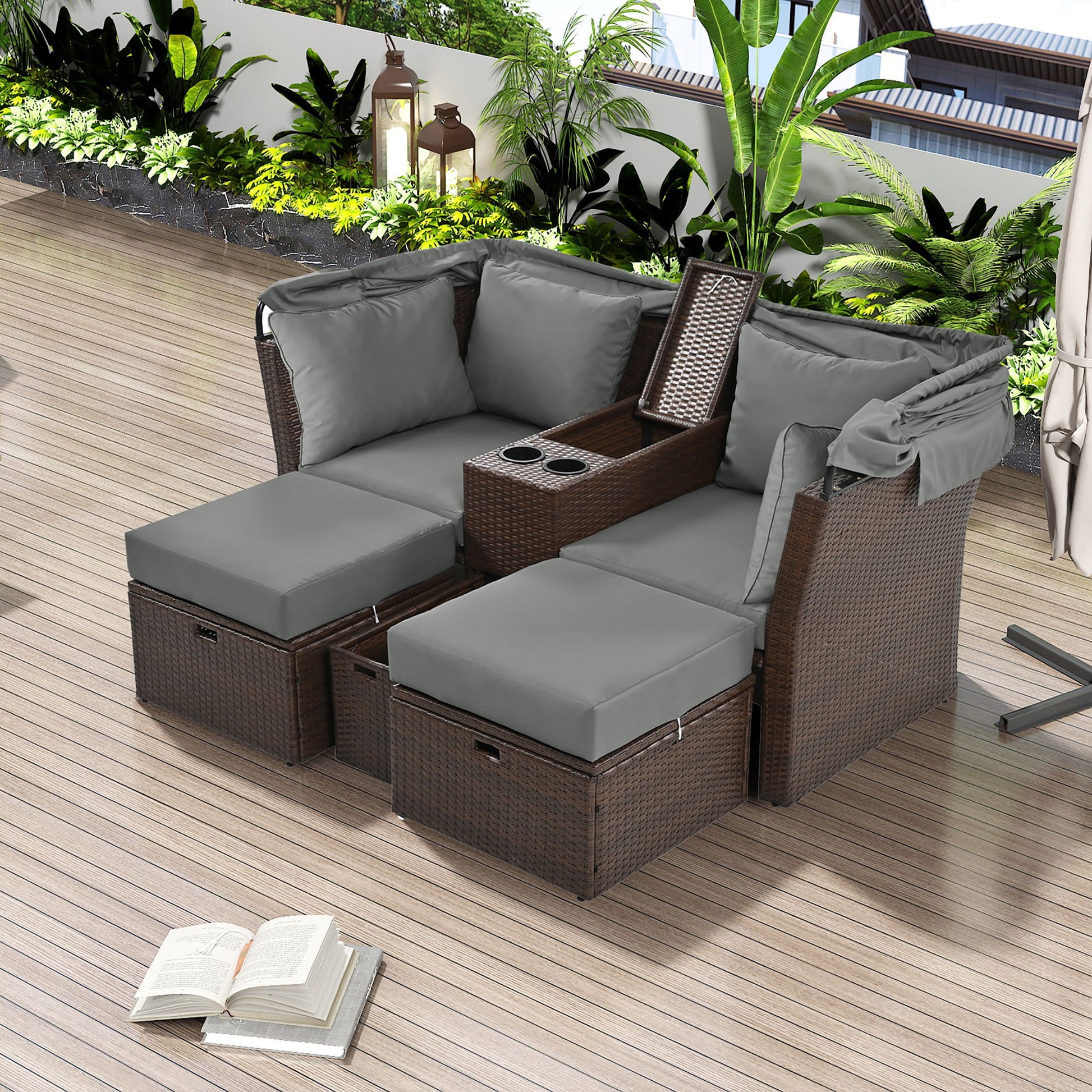 2 Seater Outdoor Patio Daybed Outdoor Double Daybed Outdoor Loveseat Sofa Set With Foldable Awning And Cushions For Garden, Balcony, Poolside Hearth and Haven