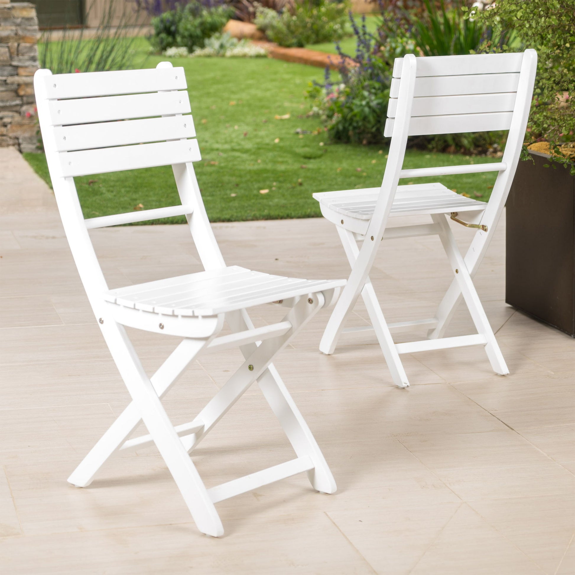 Outdoor Foldable Wood Dining Chair With Slat Design (Set of 2) Noble House