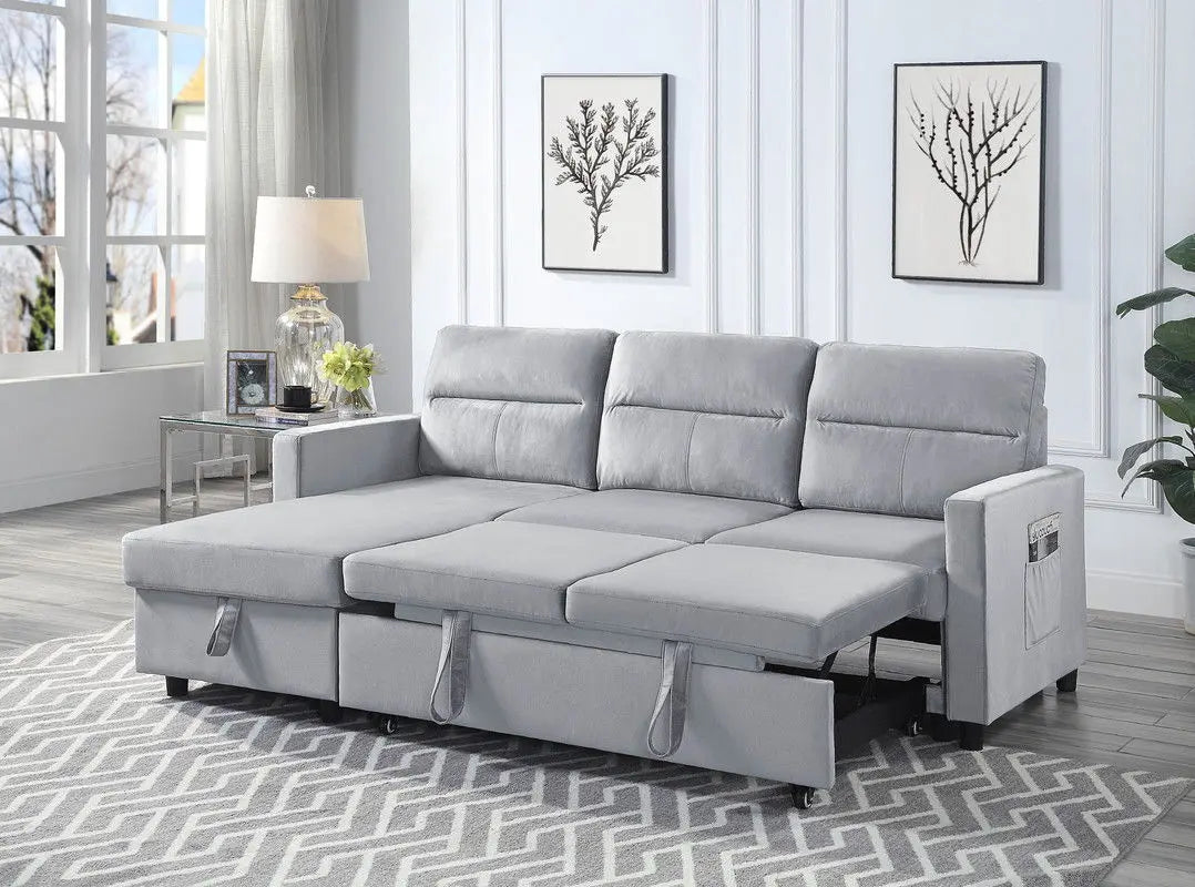 Ivy - Velvet Reversible Sleeper Sectional Sofa With Storage Chaise And Side Pocket Lilola Home