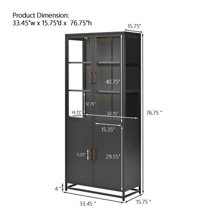 Modern Style Tall Steel Display Cabinet With Double Glass Doors, LED Lights Hearth and Haven