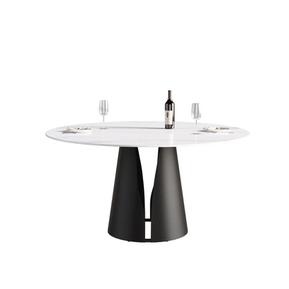 59.05" Modern Artificial Stone Round Carbon Steel Base Dining Table - White / Black