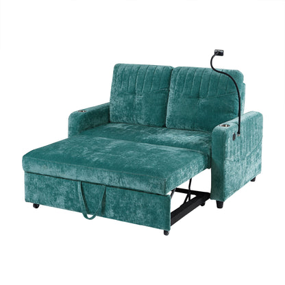 Modern Loveseat Pull Out Sofa Bed With Adjustable Backrest, Two Cup Holders, A Phone Holder, Three Charging Ports And Side Storage Pockets For Living Room Hearth and Haven