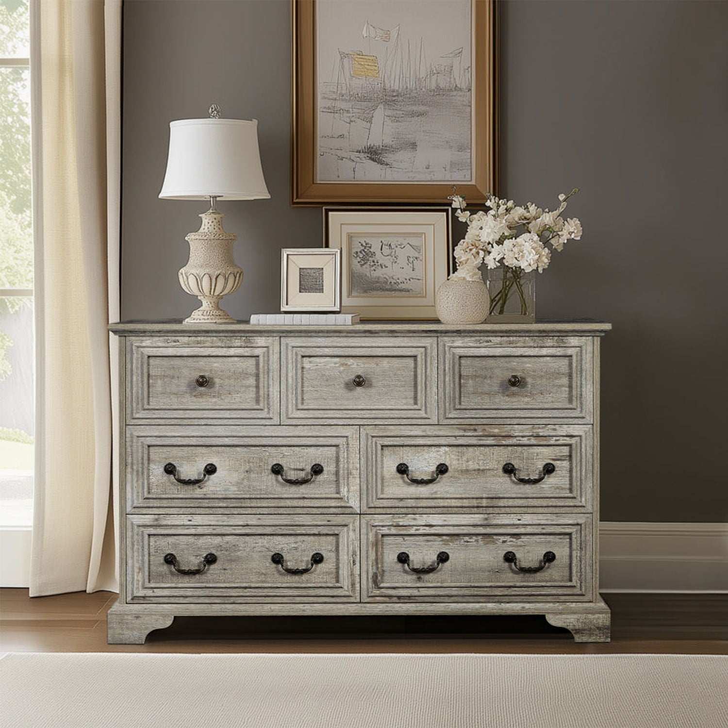 Farmhouse Vintage 7 Drawers Dresser With Natural Texture Home Essentials
