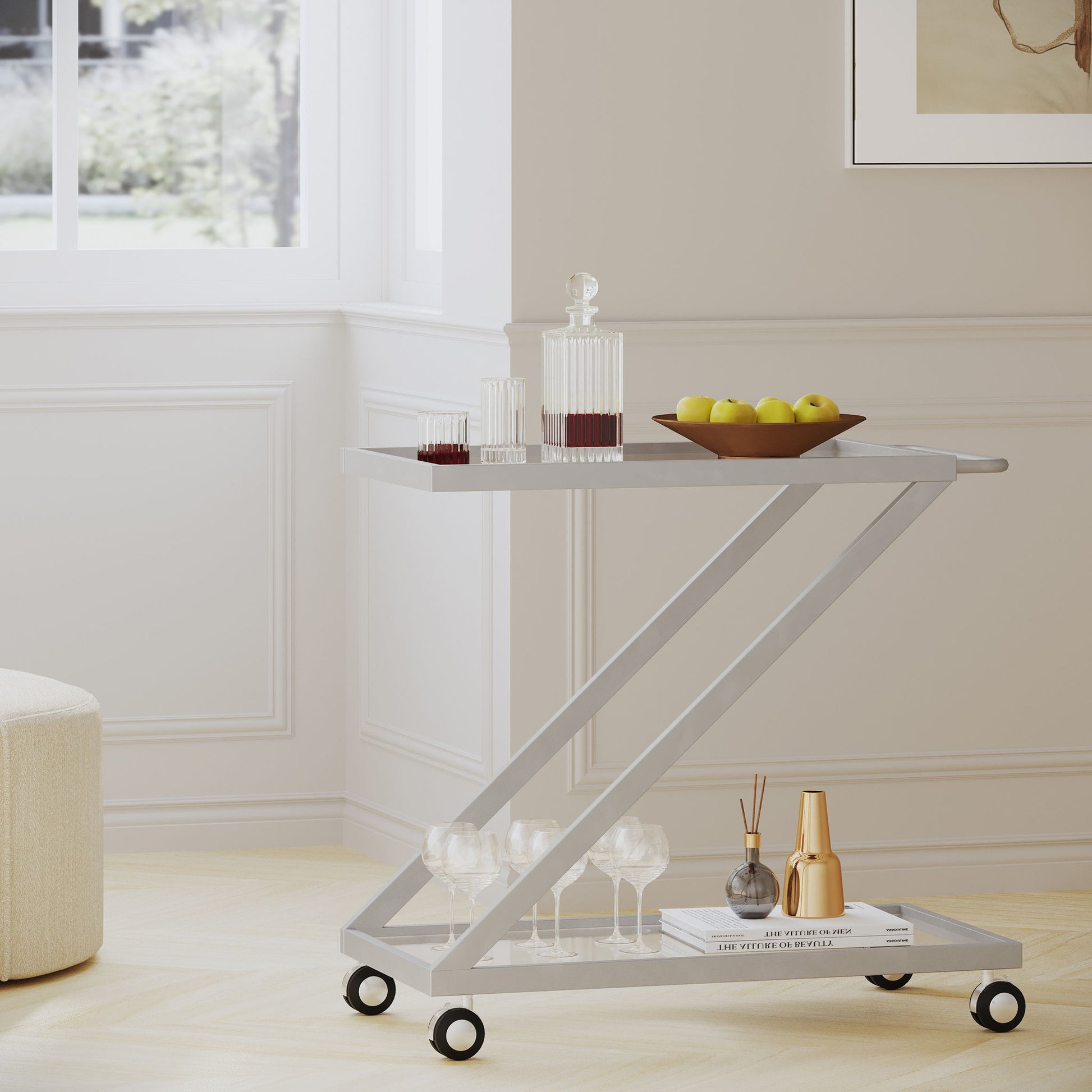Modern Z Shaped Bar Cart With Tempered Glass Shelves - Silver Noble House