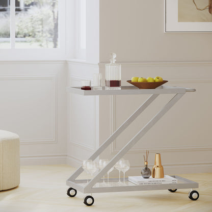Modern Z Shaped Bar Cart With Tempered Glass Shelves - Silver Noble House