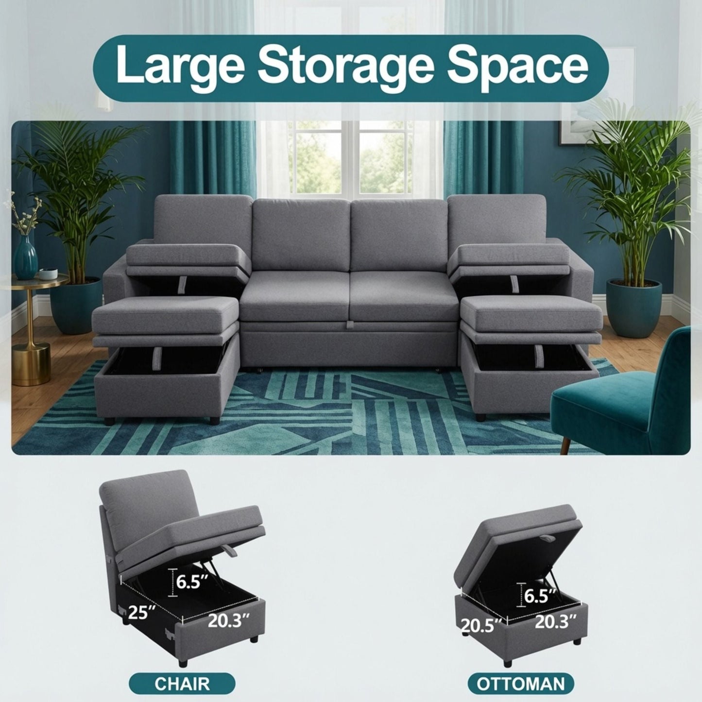 Extra Wide U - Shape Convertible Sleeper Sofa Bed With Dual Storage Ottoman Home Essentials