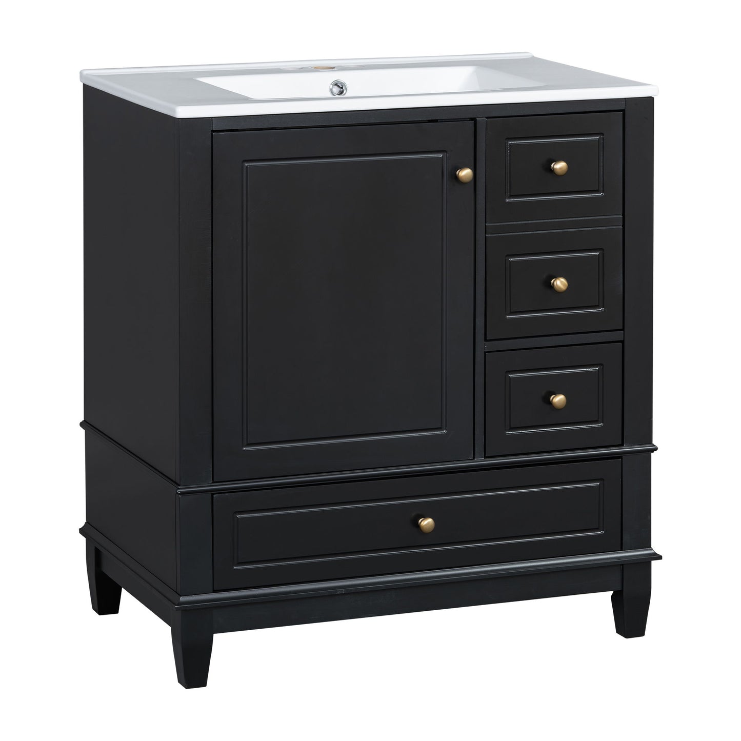 30" Bathroom Vanity With Sink, 1 Door With Shelf And 3 Drawers, Soft Close Door - Black Noble House