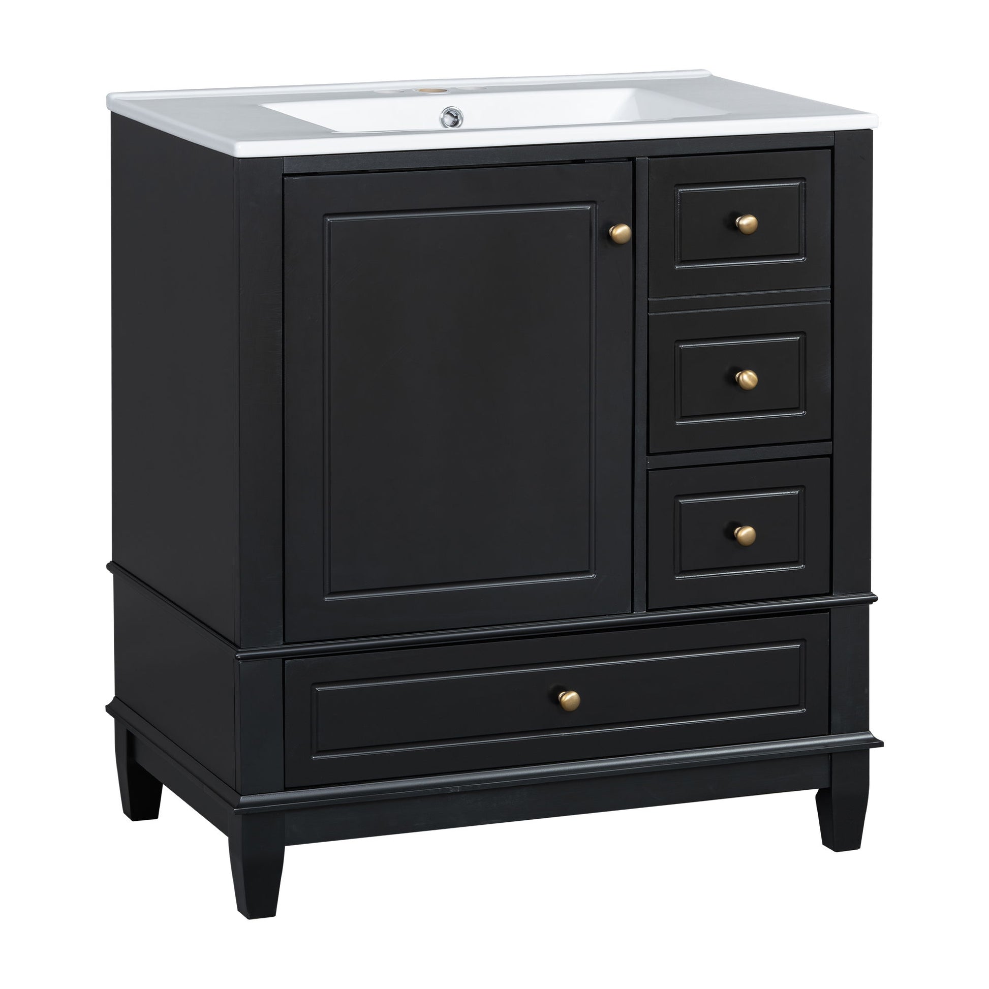 30" Bathroom Vanity With Sink, 1 Door With Shelf And 3 Drawers, Soft Close Door - Black Noble House