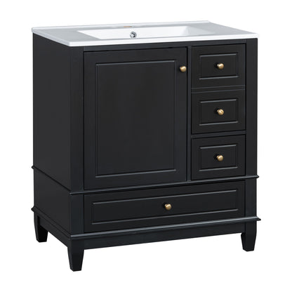 30" Bathroom Vanity With Sink, 1 Door With Shelf And 3 Drawers, Soft Close Door - Black Noble House