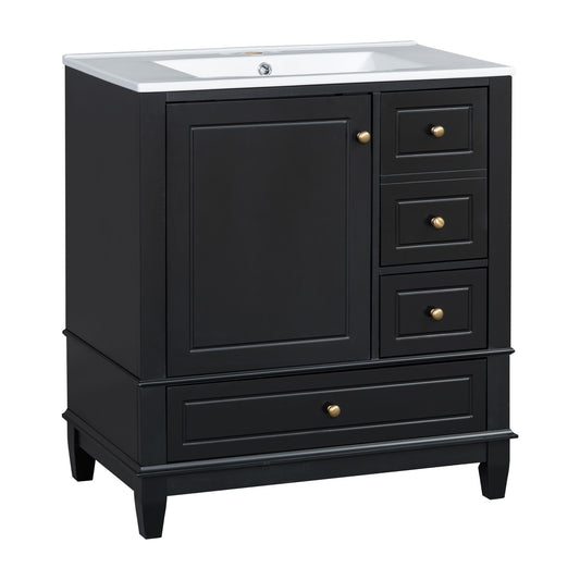 30" Bathroom Vanity With Sink, 1 Door With Shelf And 3 Drawers, Soft Close Door - Black Noble House