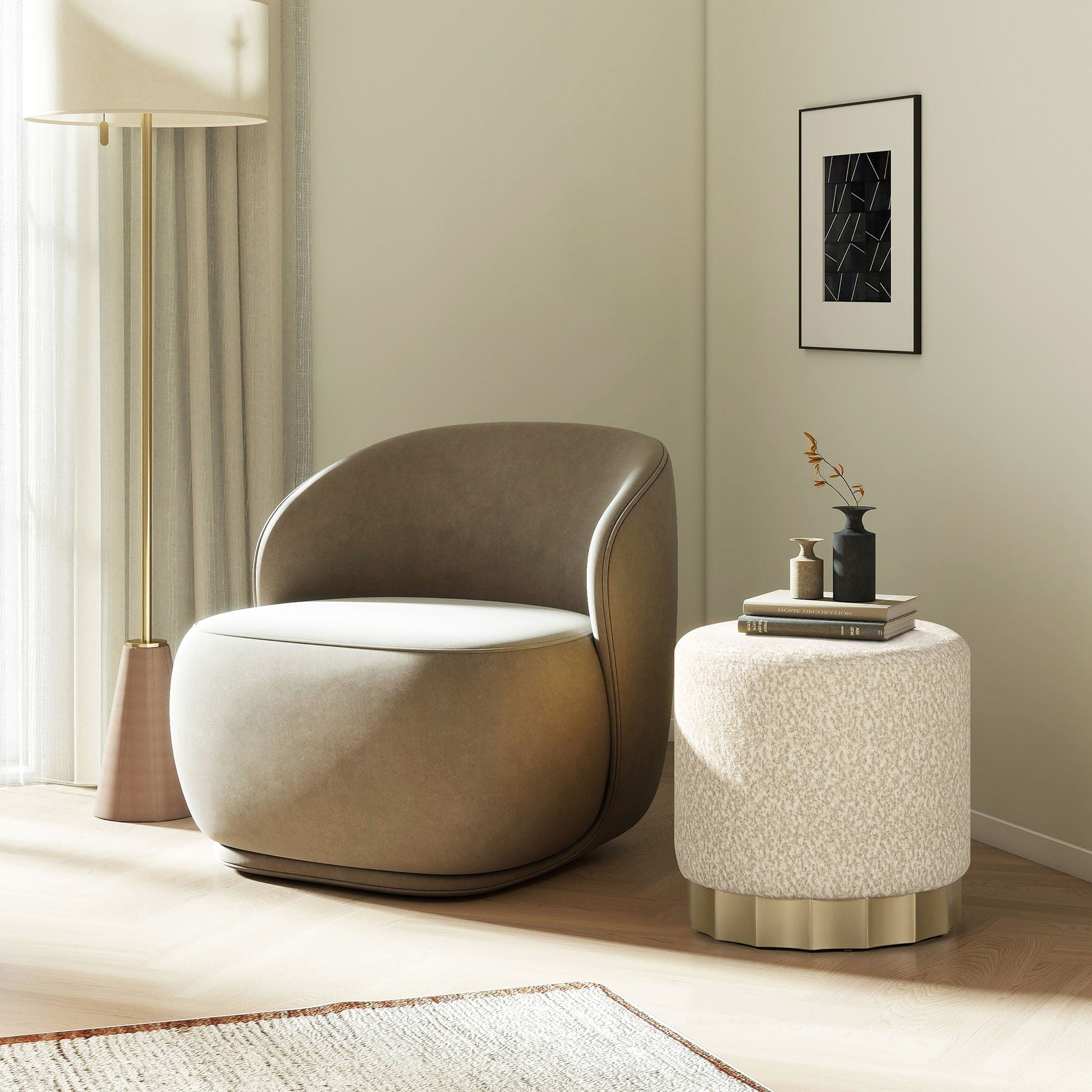 Hampton - Round Upholstered Ottoman With Scalloped Base - Speckled Egg Beige Jennifer Taylor Home
