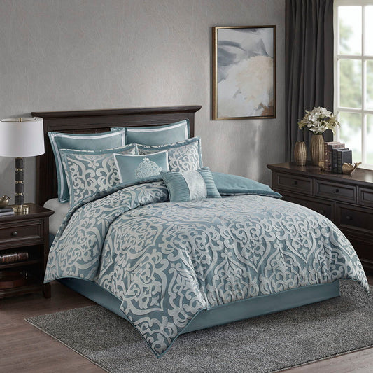 Odette - 8 Piece Jacquard Comforter Set - Aqua/Silver