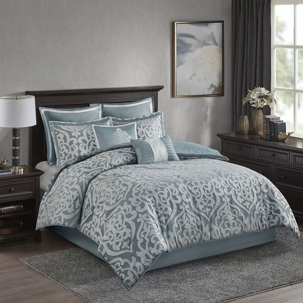 Odette - 8 Piece Jacquard Comforter Set - Light Blue