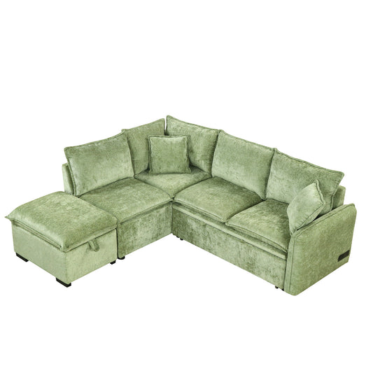 Convertible Sofa Bed Sectional Sofa Sleeper L-Shaped Sofa With A Storage Ottoman, Two Pillows, Two Power Sockets And Two USB Ports For Living Room Hearth and Haven