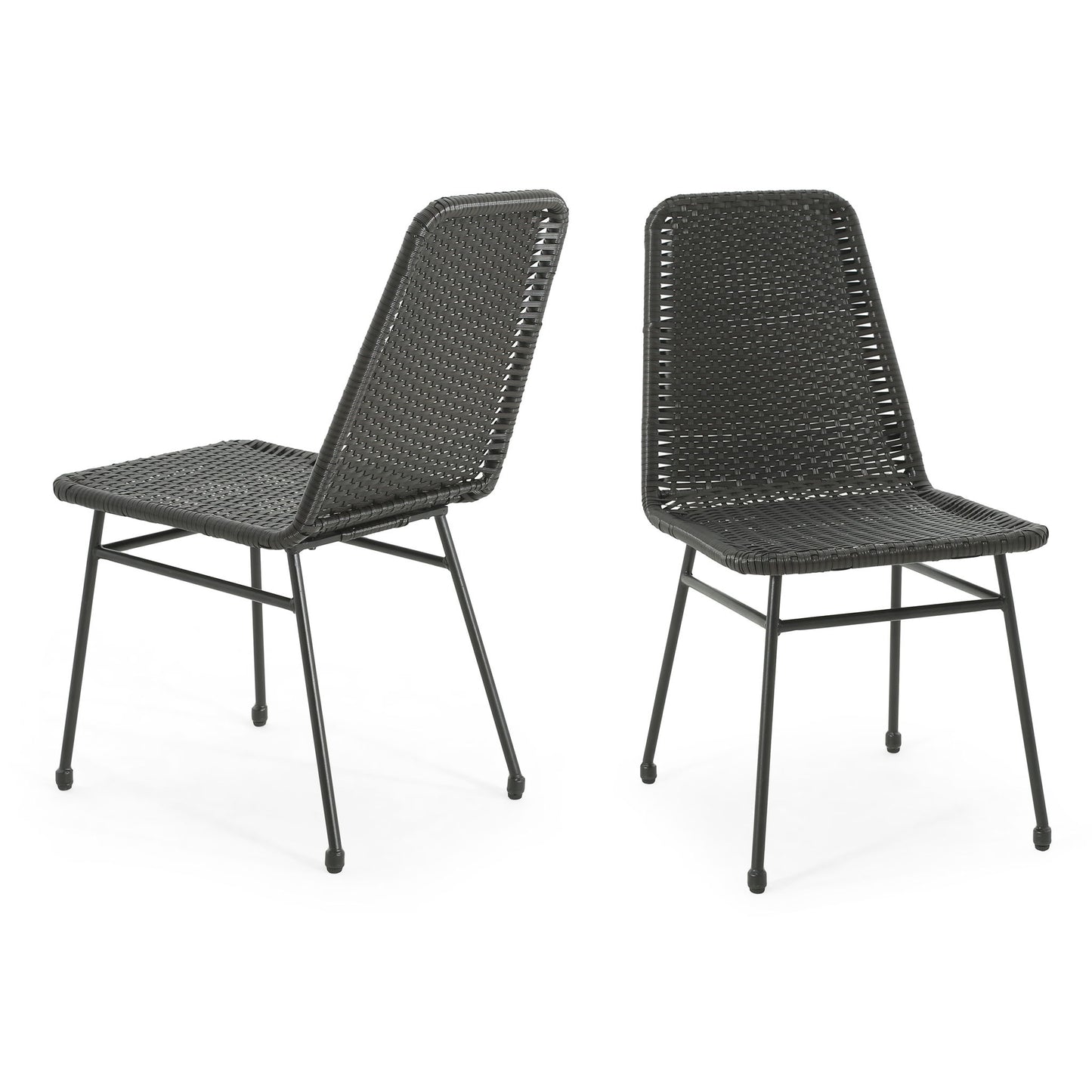 Outdoor Dining Chairs (Set of 2), Rattan Backrest And Cushions, Iron Frame - Dark Brown Noble House