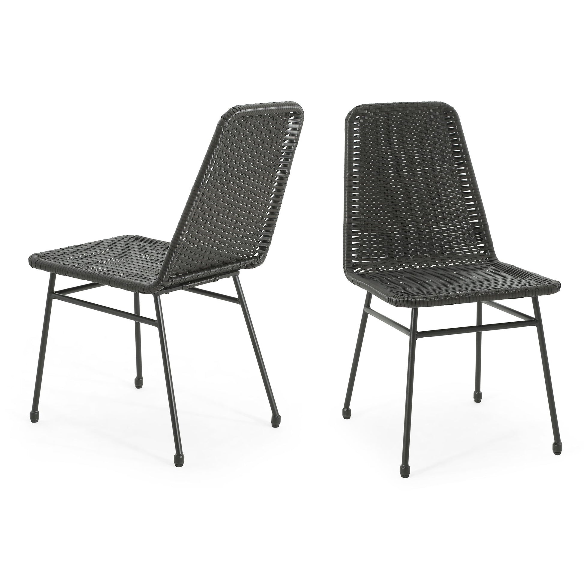 Outdoor Dining Chairs (Set of 2), Rattan Backrest And Cushions, Iron Frame - Dark Brown Noble House