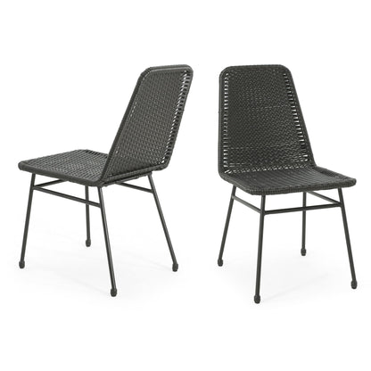 Outdoor Dining Chairs (Set of 2), Rattan Backrest And Cushions, Iron Frame - Dark Brown Noble House
