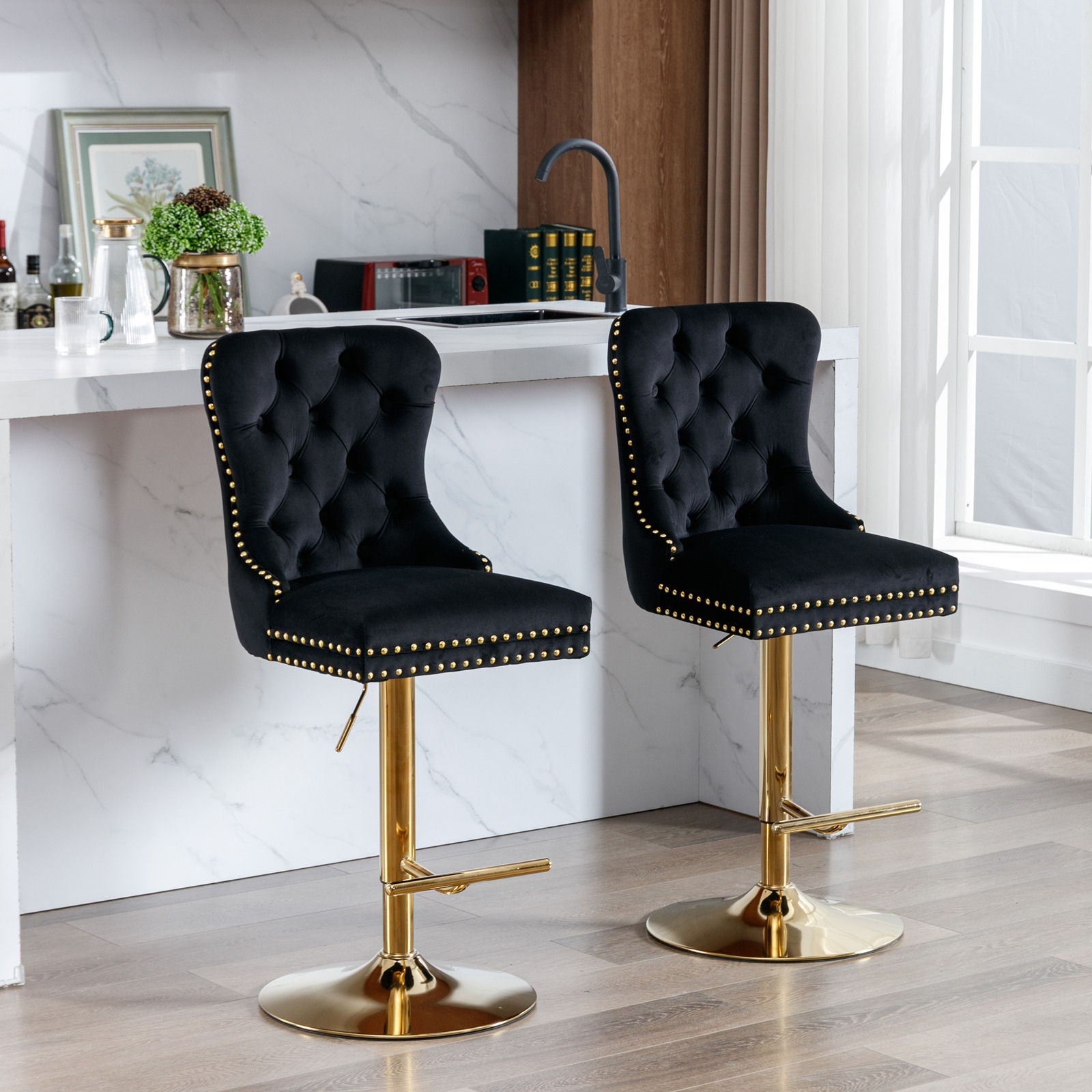 Thick Golden Swivel Velvet Barstools Adjusatble Seat Height From 25-33", Modern Upholstered Bar Stools With Backs Comfortable Tufted For Home Pub And Kitchen Island (Set of 2) Home Essentials