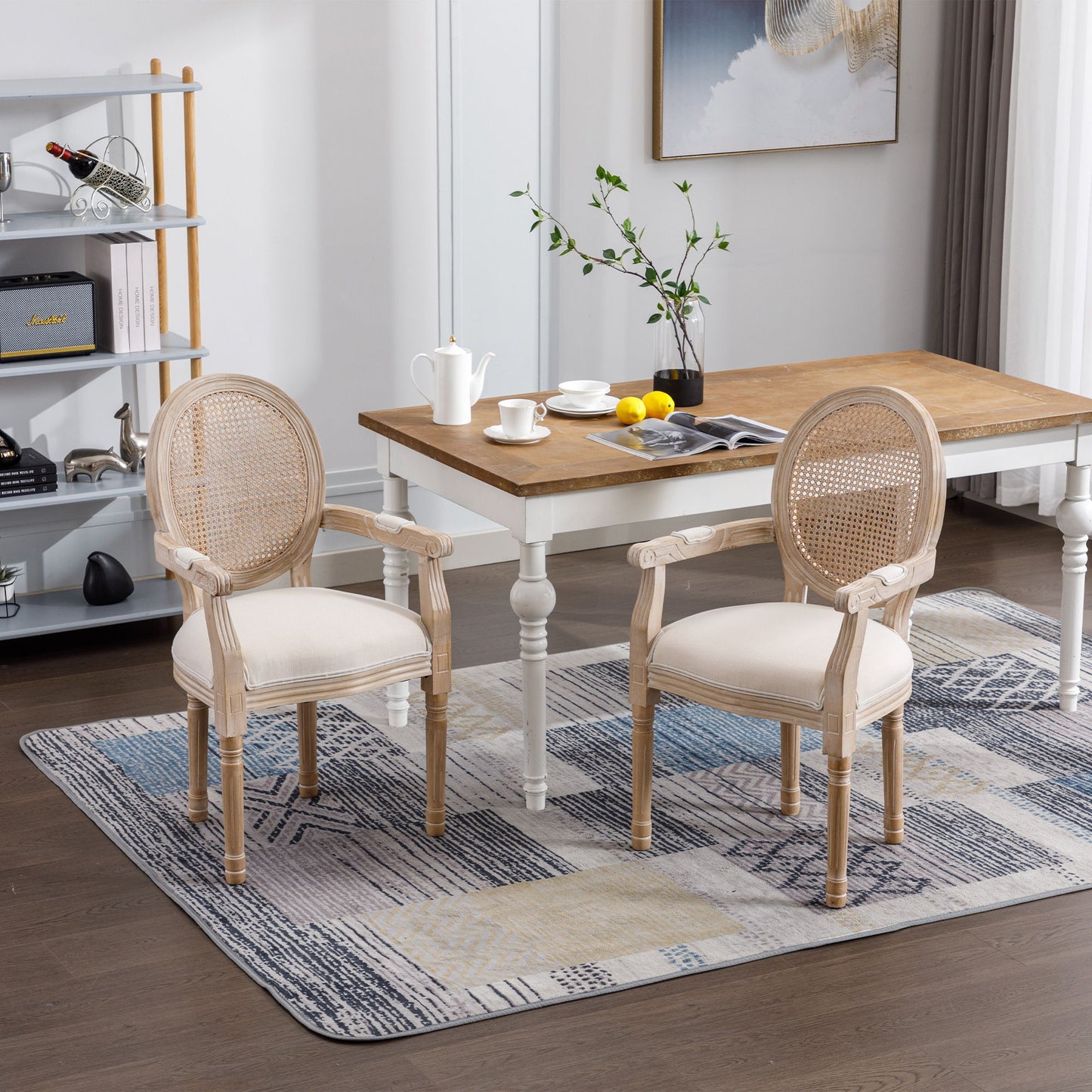 French Vintage Upholstered Fabric Dining Armchair (Set of 2) - Beige Home Essentials