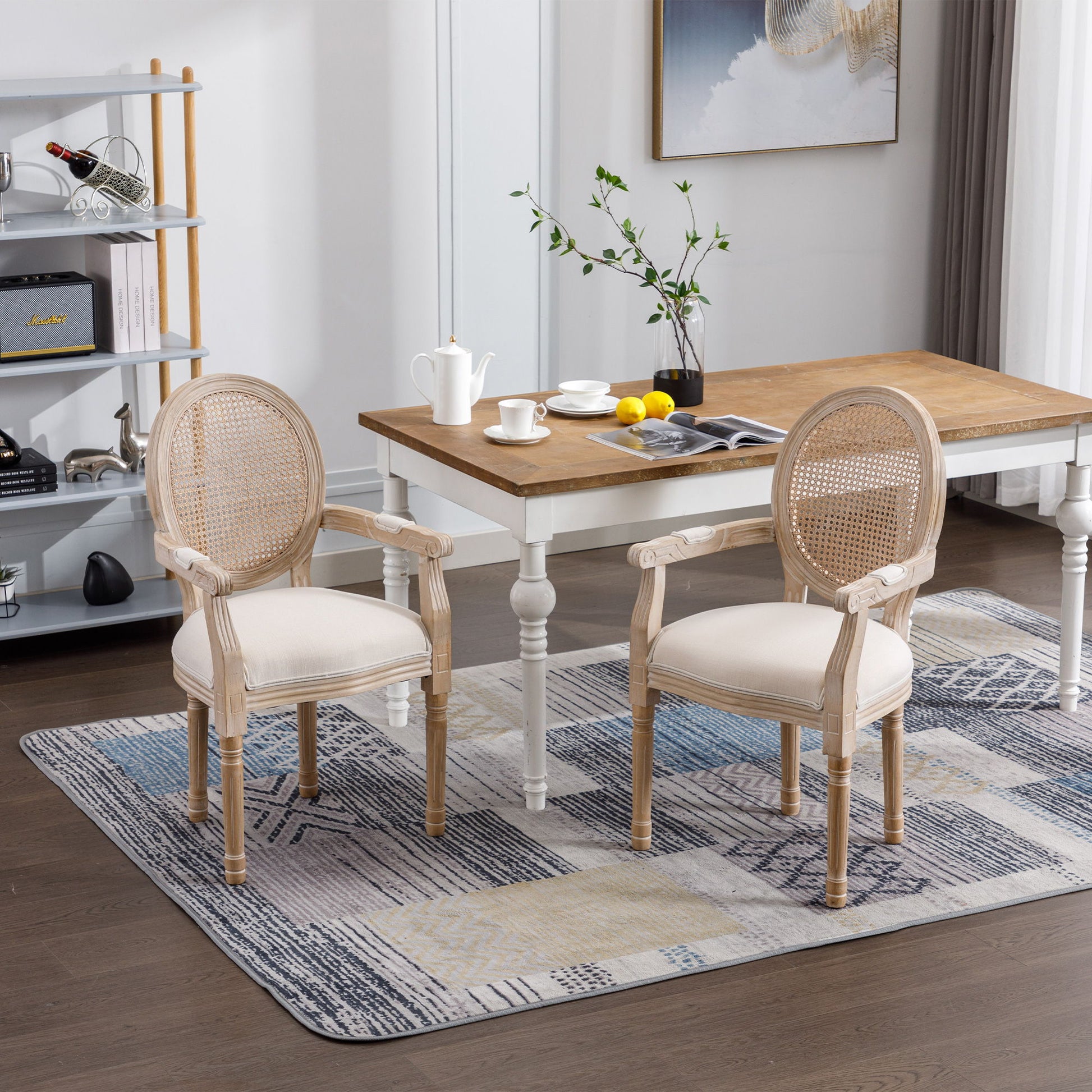 French Vintage Upholstered Fabric Dining Armchair (Set of 2) - Beige Home Essentials