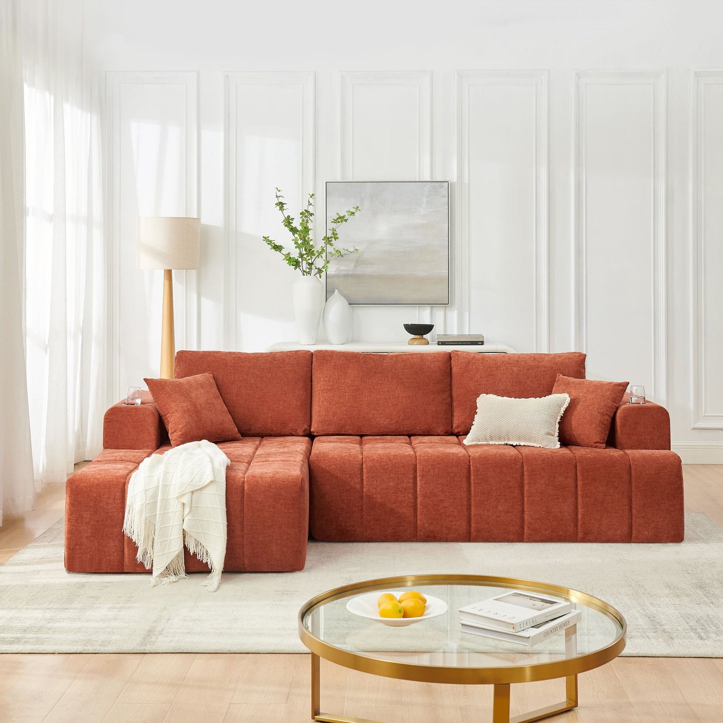 L - Shaped Sectional Sofa With Cup Holders & Side Pockets Home Essentials
