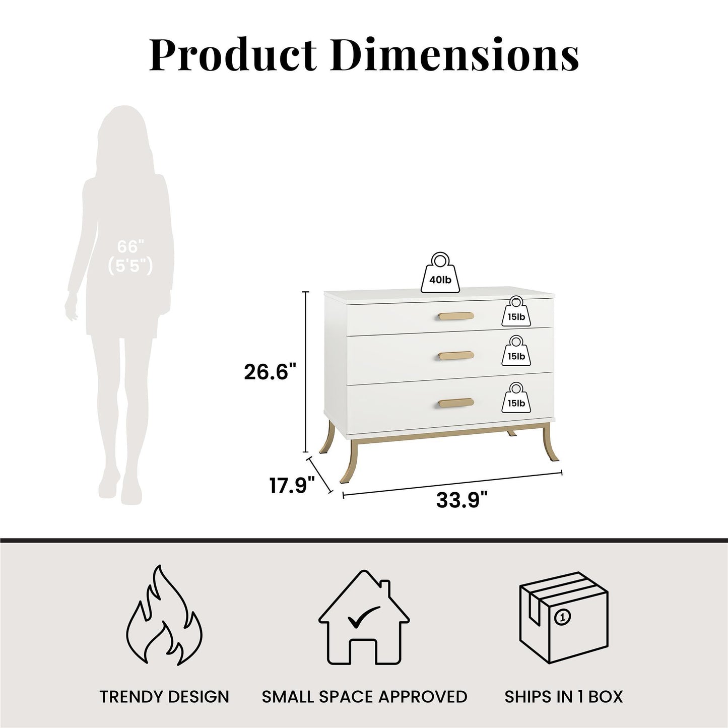 3 Drawer Dresser With Oval Handles - White / Gold Home Essentials