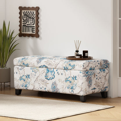 Luxury Storage Ottoman With Floral Patterned Fabric, Soft Close Hinges, Functional Footrest & Seat - Blue Flower / Blue Multi Noble House