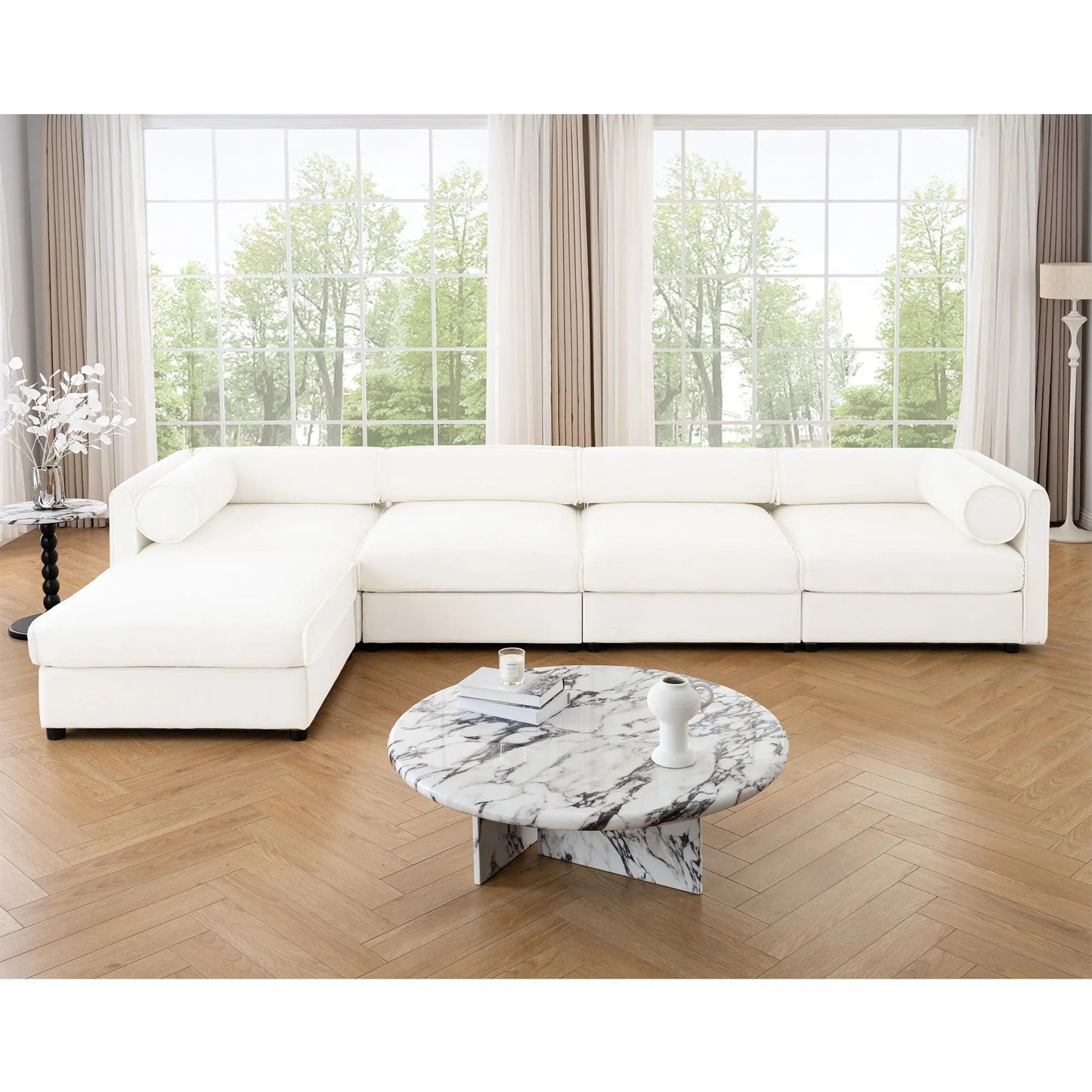 Contemporary Elegant White Chenille Sofa With Storage And Ottoman Home Essentials