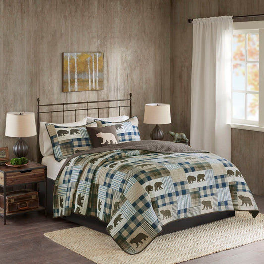 Twin Falls - Oversized 4 Piece Quilt Set - Brown / Blue