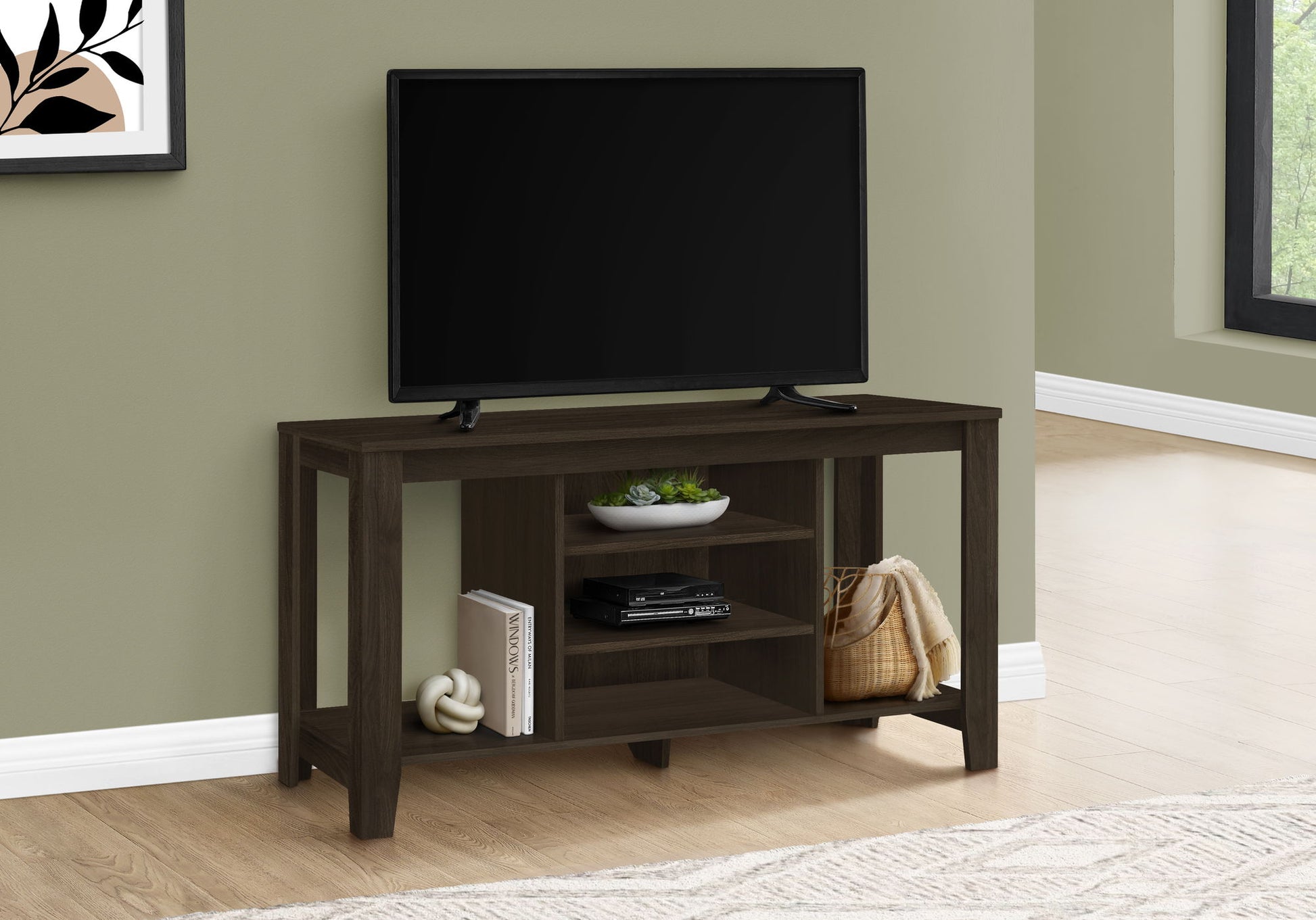 TV Stand, Console, Media Entertainment Center, Storage Shelves, Durable Construction - Espresso 8th Street