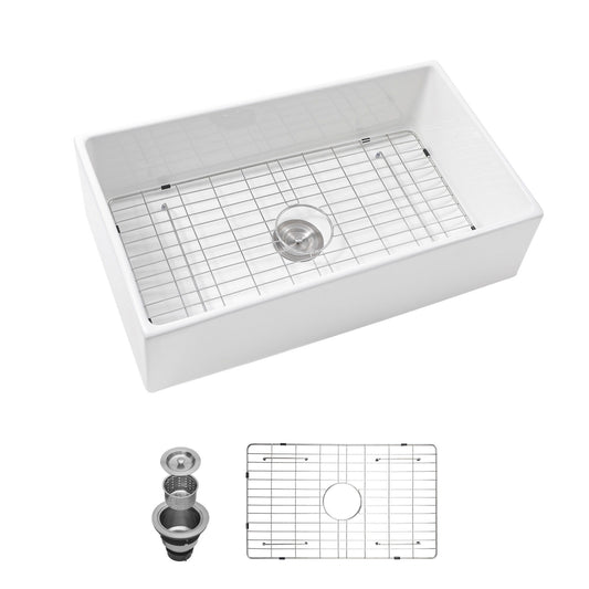 33" Undermount Sink With Apron Front, Single Bowl, Grid - White Daily Nest