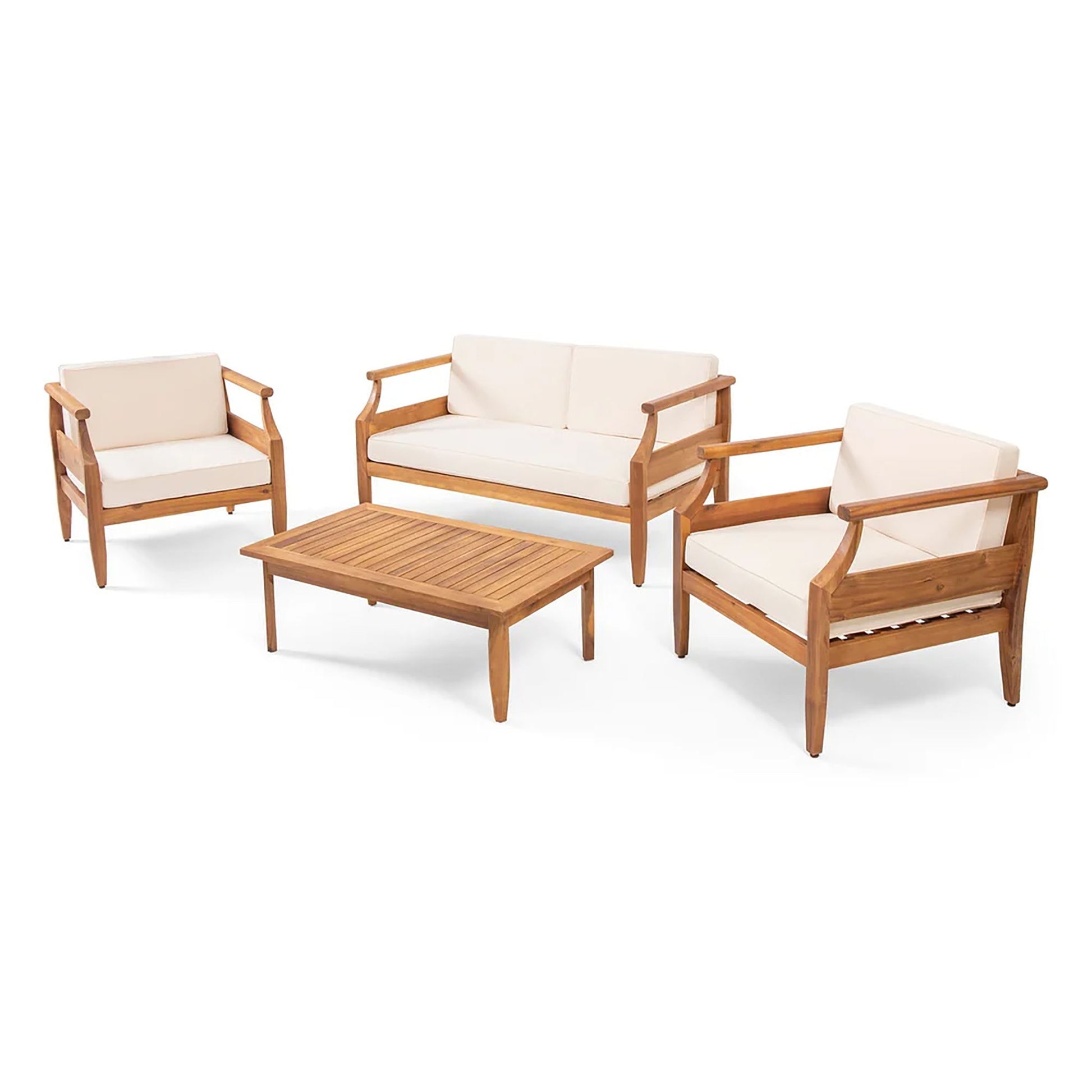 Alluvion - 4 Piece Wood Outdoor Patio Conversation Set With Cream Cushions - Teak / Beige Noble House