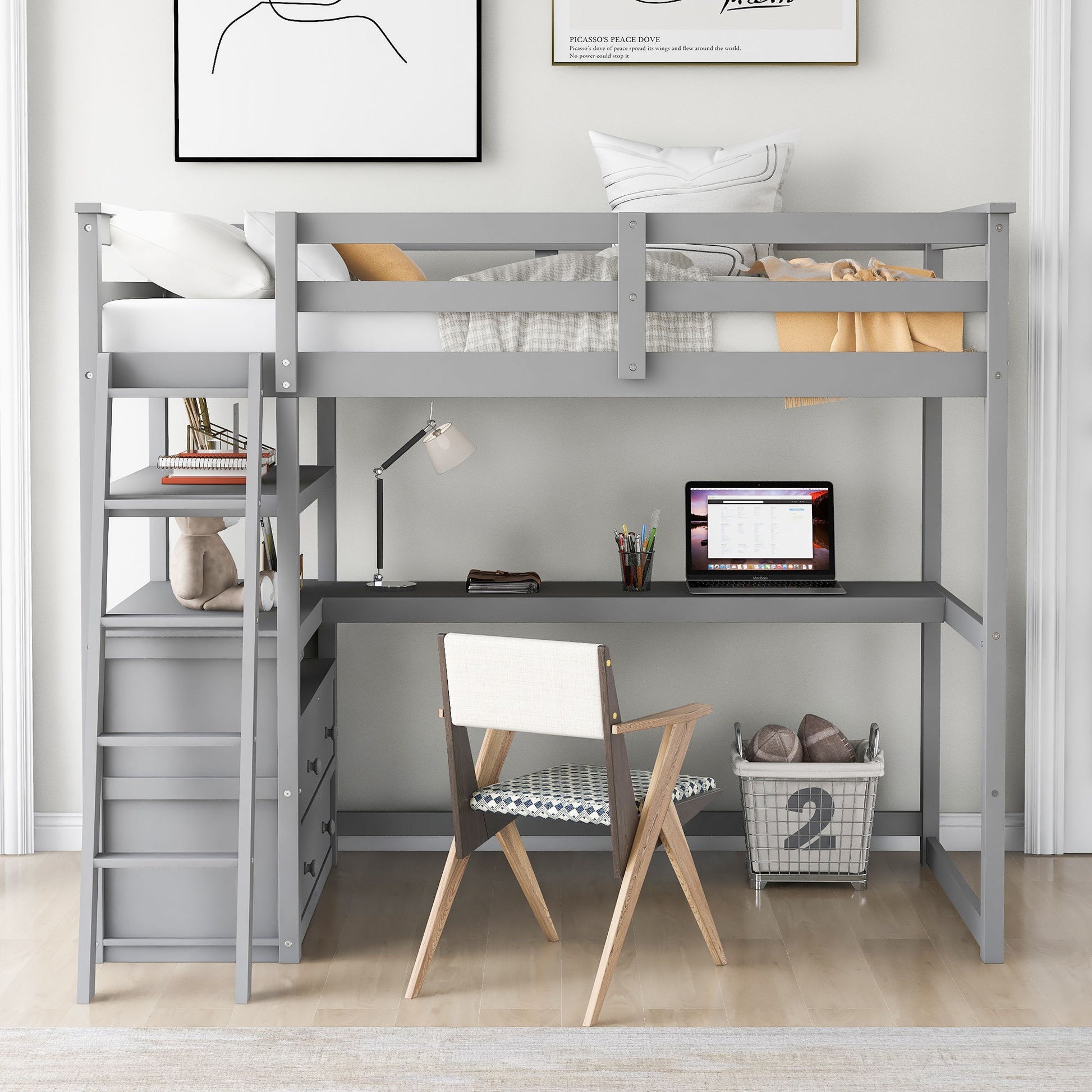 Modern Loft Bed With Built In Desk, Shelves, And 2 Drawers Hearth and Haven